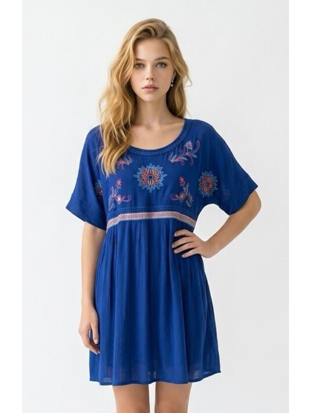 Westbound New Womens XL Shortsleeved Peasant Top Boho Royal Blue Embroidery